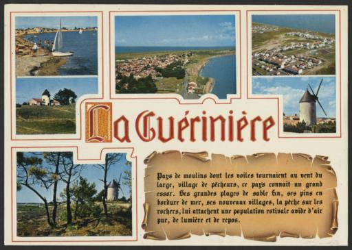 Cartes postales à vignettes avec moulins à vent et activités du littoral.
